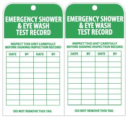 NMC - 3" High x 6" Long, EMERGENCY SHOWER & EYE WASH TEST RECORD, English Safety & Facility Inspection Tag - Tag Header: Danger, 2 Sides, Green & White Unrippable Vinyl - Exact Tooling