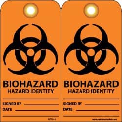 NMC - 3" High x 6" Long, BIOHAZARD - HAZARD IDENTITY, English Safety & Facility Accident Prevention Tag - Tag Header: Warning, 2 Sides, Black & Orange Unrippable Vinyl - Exact Tooling