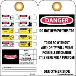 NMC - 3" High x 6" Long, DANGER - TOXIC ACID ALKALINE FLAMMABLE COMBUSTIBLE USE VENTILATION, English Safety & Facility Accident Prevention Tag - Tag Header: Danger, 2 Sides, Black, Red & White Unrippable Vinyl - Exact Tooling