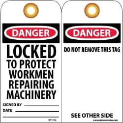 NMC - 3" High x 6" Long, DANGER - LOCKED TO PROJECT WORKMEN REPAIRING MACHINERY, English Safety & Facility Lockout Tag - Tag Header: Danger, 2 Sides, Black, Red & White Unrippable Vinyl - Exact Tooling