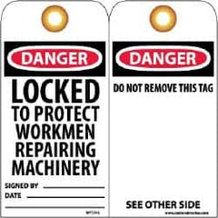 NMC - 3" High x 6" Long, DANGER - LOCKED TO PROJECT WORKMEN REPAIRING MACHINERY, English Safety & Facility Lockout Tag - Tag Header: Danger, 2 Sides, Black, Red & White Unrippable Vinyl - Exact Tooling