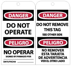 NMC - 3" High x 6" Long, DANGER - DO NOT OPERATE, English Safety & Facility Lockout Tag - Tag Header: Danger, 2 Sides, Black, Red & White Unrippable Vinyl - Exact Tooling