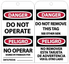 NMC - 3" High x 6" Long, DANGER - DO NOT OPERATE, English Safety & Facility Lockout Tag - Tag Header: Danger, 2 Sides, Black, Red & White Unrippable Vinyl - Exact Tooling