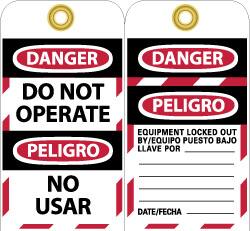 NMC - 3" High x 6" Long, DANGER - DO NOT OPERATE, Safety & Facility Lockout Tag - Tag Header: Danger, 2 Sides, Black, Red & White Unrippable Vinyl - Exact Tooling