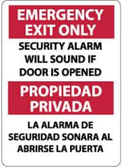 NMC - Emergency Exit Only - Security Alarm Will Sound If Door Is Opened, Pressure Sensitive Vinyl Exit Sign - 10" Wide x 14" High, English/Spanish - Exact Tooling