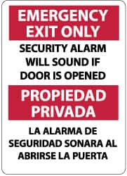NMC - Emergency Exit Only - Security Alarm Will Sound If Door Is Opened, Aluminum Exit Sign - 10" Wide x 14" High, English/Spanish - Exact Tooling