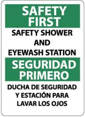 NMC - "Safety First- Safety Showers and Eyewash Station", 14" Long x 10" Wide, Rigid Plastic Safety Sign - Rectangle, 0.05" Thick, Use for First Aid - Exact Tooling