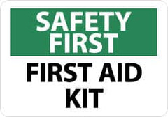 NMC - "Safety First - First Aid Kit", 7" Long x 10" Wide, Aluminum Safety Sign - Rectangle, 0.04" Thick, Use for First Aid - Exact Tooling