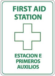 NMC - "First Aid Station", 14" Long x 10" Wide, Pressure-Sensitive Vinyl Safety Sign - Rectangle, 0.004" Thick, Use for First Aid - Exact Tooling
