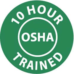 NMC - 10 Hour OSHA Trained, Hard Hat Label - White on Green, 2" Thick, For Accident Prevention - Exact Tooling