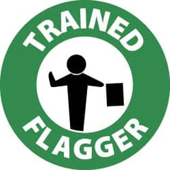 NMC - Trained Flagger, Hard Hat Label - White & Black on Green, 2" Thick, For Accident Prevention - Exact Tooling