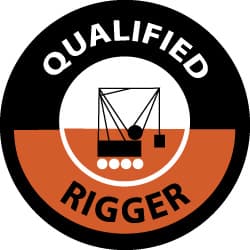 NMC - Qualified Rigger, Hard Hat Label - Black & Orange on White, 2" Thick, For Accident Prevention - Exact Tooling