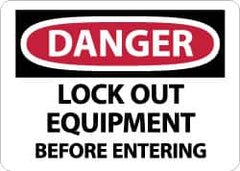 NMC - "Danger - Lock Out Equipment Before Entering", 10" Long x 14" Wide, Pressure-Sensitive Vinyl Safety Sign - Rectangle, 0.004" Thick, Use for Accident Prevention - Exact Tooling