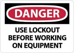 NMC - "Danger - Use Lockout Before Working On Equipment", 10" Long x 14" Wide, Rigid Plastic Safety Sign - Rectangle, 0.05" Thick, Use for Accident Prevention - Exact Tooling