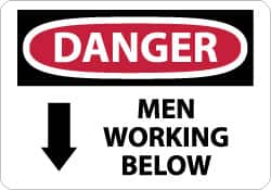 NMC - "Danger - Men Working Below", 7" Long x 10" Wide, Pressure-Sensitive Vinyl Safety Sign - Rectangle, 0.004" Thick, Use for Accident Prevention - Exact Tooling