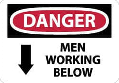 NMC - "Danger - Men Working Below", 7" Long x 10" Wide, Pressure-Sensitive Vinyl Safety Sign - Rectangle, 0.004" Thick, Use for Accident Prevention - Exact Tooling
