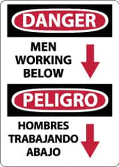 NMC - "Danger - Men Working Below", 14" Long x 10" Wide, Pressure-Sensitive Vinyl Safety Sign - Rectangle, 0.004" Thick, Use for Accident Prevention - Exact Tooling
