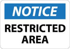 NMC - "Notice - Restricted Area", 10" Long x 14" Wide, Rigid Plastic Safety Sign - Rectangle, 0.05" Thick, Use for Security & Admittance - Exact Tooling