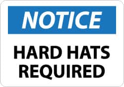 NMC - "Notice - Hard Hats Required", 10" Long x 14" Wide, Pressure-Sensitive Vinyl Safety Sign - Rectangle, 0.004" Thick, Use for Accident Prevention - Exact Tooling
