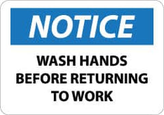 NMC - Restroom, Janitorial & Housekeeping Label, Header: NOTICE - Legend: Notice - Wash Hands Before Returning to Work, English, Black, Blue & White, 5" Long x 3" High, Sign Muscle Finish - Exact Tooling