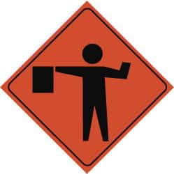 NMC - "Flagger", "Worker w/Directional Flag", 48" Wide x 48" High, Nylon Construction Roadway Signs - Black on Orange, Engineer Grade Reflectivity, Diamond, Sign Stand Mount - Exact Tooling