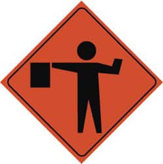NMC - "Flagger", "Worker w/Directional Flag", 48" Wide x 48" High, Nylon Construction Roadway Signs - Black on Orange, Engineer Grade Reflectivity, Diamond, Sign Stand Mount - Exact Tooling