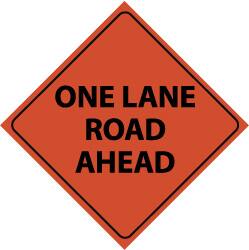 NMC - "One Lane Road Ahead", 48" Wide x 48" High, Nylon Construction Roadway Signs - Black on Orange, Engineer Grade Reflectivity, Diamond, Sign Stand Mount - Exact Tooling