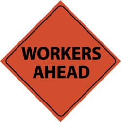 NMC - "Workers Ahead", 48" Wide x 48" High, Nylon Construction Roadway Signs - Black on Orange, Engineer Grade Reflectivity, Diamond, Sign Stand Mount - Exact Tooling