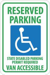 NMC - "Reserved Parking - State Disabled Parking Permit Required - Van Accessible", "Handicapped Symbol", 12" Wide x 18" High, Aluminum ADA Signs - 0.08" Thick, Green & Blue on White, Engineer Grade Reflectivity, Rectangle, Post Mount - Exact Tooling