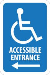 NMC - "Accessible Entrance", "Handicap Symbol w/ Left Arrow", 12" Wide x 6" High, Aluminum ADA Signs - 0.08" Thick, Blue on White, Engineer Grade Reflectivity, Rectangle, Post Mount - Exact Tooling