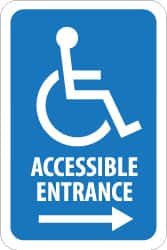 NMC - "Accessible Entrance", "Handicap Symbol w/ Right Arrow", 12" Wide x 6" High, Aluminum ADA Signs - 0.08" Thick, Blue on White, Engineer Grade Reflectivity, Rectangle, Post Mount - Exact Tooling