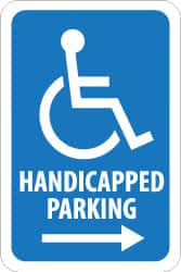NMC - "Handicapped Parking", "Handicap Symbol w/ Right Arrow", 12" Wide x 18" High, Aluminum ADA Signs - 0.08" Thick, Blue on White, Engineer Grade Reflectivity, Rectangle, Post Mount - Exact Tooling