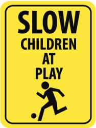 NMC - "Slow - Children at Play", "Child Playing", 18" Wide x 24" High, Aluminum Traffic Control Signs - 0.08" Thick, Black on Yellow, High Intensity Reflectivity, Rectangle, Post Mount - Exact Tooling