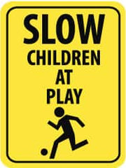 NMC - "Slow - Children at Play", "Child Playing", 18" Wide x 24" High, Aluminum Traffic Control Signs - 0.08" Thick, Black on Yellow, High Intensity Reflectivity, Rectangle, Post Mount - Exact Tooling