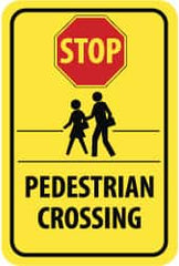 NMC - "Stop - Pedestrian Crossing", "Pedestrians Crossing", 12" Wide x 18" High, Aluminum Pedestrian Crossing Signs - 0.08" Thick, Red & Black on Yellow, High Intensity Reflectivity, Rectangle, Post Mount - Exact Tooling