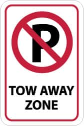 NMC - "Tow Away Zone", "Strike on P", 12" Wide x 18" High, Aluminum No Parking & Tow Away Signs - 0.08" Thick, Red & Black on White, High Intensity Reflectivity, Rectangle, Post Mount - Exact Tooling