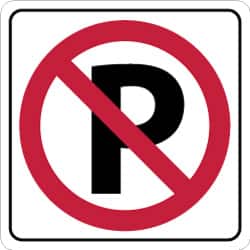 NMC - "Strike on P", 24" Wide x 24" High, Aluminum No Parking & Tow Away Signs - 0.08" Thick, Red & Black on White, High Intensity Reflectivity, Square, Post Mount - Exact Tooling
