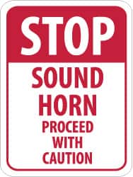NMC - "Stop - Sound Horn - Proceed with Caution", 18" Wide x 24" High, Aluminum Construction Roadway Signs - 0.08" Thick, Red on White, Engineer Grade Reflectivity, Rectangle, Post Mount - Exact Tooling