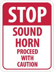 NMC - "Stop - Sound Horn - Proceed with Caution", 18" Wide x 24" High, Aluminum Construction Roadway Signs - 0.08" Thick, Red on White, Engineer Grade Reflectivity, Rectangle, Post Mount - Exact Tooling