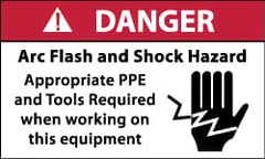 NMC - Accident Prevention Label, Header: DANGER - Legend: Danger - Arc Flash and Shock Hazard - Appropriate Pipe and Tools Required When Working On Equipment, English, Red, Black & White, 5" Long x 3" High, Sign Muscle Finish - Exact Tooling