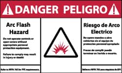 NMC - Accident Prevention Label, Header: DANGER - Legend: Danger - Arc Flash Hazard, English & Spanish, Red, Black & White, 5" Long x 3" High, Sign Muscle Finish - Exact Tooling