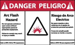 NMC - Accident Prevention Label, Header: DANGER - Legend: Danger - Arc Flash Hazard, English & Spanish, Red, Black & White, 5" Long x 3" High, Sign Muscle Finish - Exact Tooling