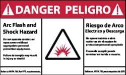 NMC - Accident Prevention Label, Header: DANGER - Legend: Danger - Arc Flash and Shock Hazard, English & Spanish, Red, Black & White, 5" Long x 3" High, Sign Muscle Finish - Exact Tooling