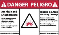 NMC - Accident Prevention Label, Header: DANGER - Legend: Danger - Arc Flash and Shock Hazard, English & Spanish, Red, Black & White, 5" Long x 3" High, Sign Muscle Finish - Exact Tooling