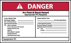 NMC - Accident Prevention Label, Header: DANGER - Legend: Danger - Arc Flash & Shock Hazard - Appropriate Pipe Required - Shows Check List, English, Red, Black & White, 5" Long x 3" High, Sign Muscle Finish - Exact Tooling