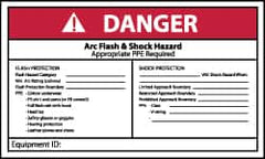 NMC - Accident Prevention Label, Header: DANGER - Legend: Danger - Arc Flash & Shock Hazard - Appropriate Pipe Required - Shows Check List, English, Red, Black & White, 5" Long x 3" High, Sign Muscle Finish - Exact Tooling