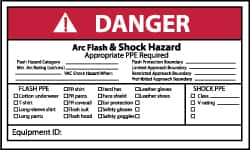 NMC - Accident Prevention Label, Header: DANGER - Legend: Danger - Arc Flash & Shock Hazard - Appropriate Pipe Required, English, Red, Black & White, 5" Long x 3" High, Sign Muscle Finish - Exact Tooling