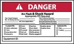 NMC - Accident Prevention Label, Header: DANGER - Legend: Danger - Arc Flash & Shock Hazard - Appropriate Pipe Required, English, Red, Black & White, 5" Long x 3" High, Sign Muscle Finish - Exact Tooling