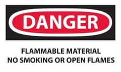 NMC - Accident Prevention Label, Header: DANGER - Legend: Danger - Flammable Material - No Smoking or Open Flames, English, Red, Black & White, 5" Long x 3" High, Sign Muscle Finish - Exact Tooling