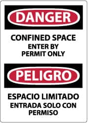 NMC - Accident Prevention Label, Header: DANGER - Legend: Danger - Confined Space - Enter by Permit Only, English & Spanish, Black, Red & White, 3" Long x 5" High, Sign Muscle Finish - Exact Tooling